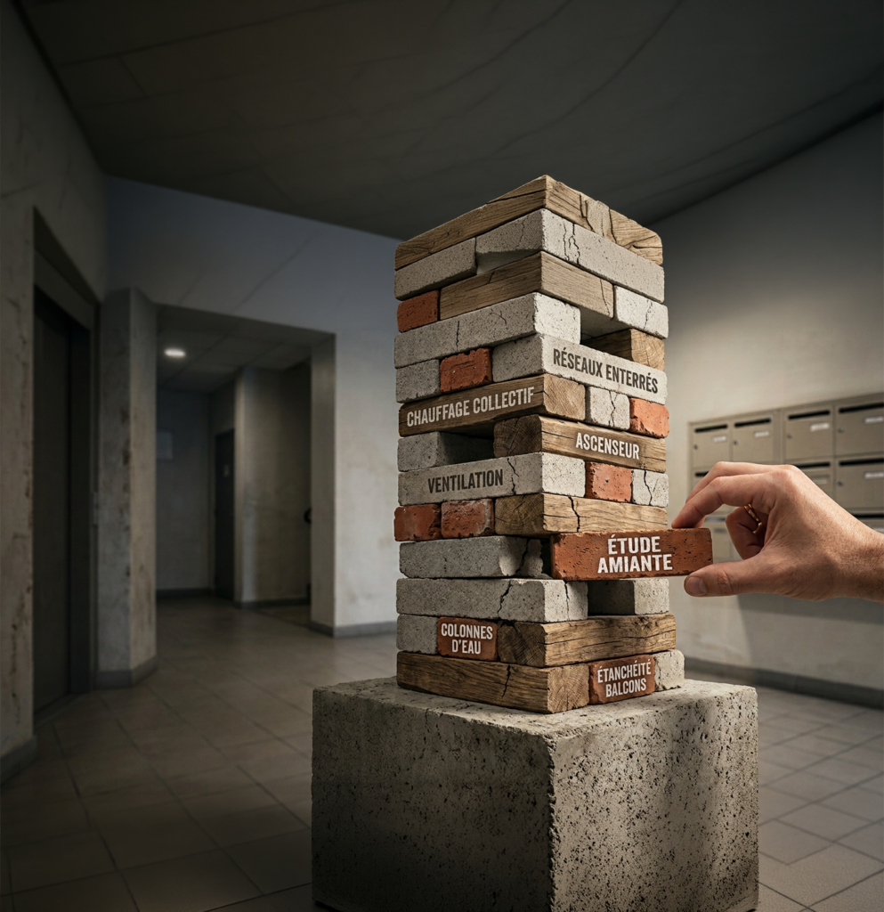 tour de jenga dans le hall d'un bâtiment avec une pièce retirée par une main sur le côté